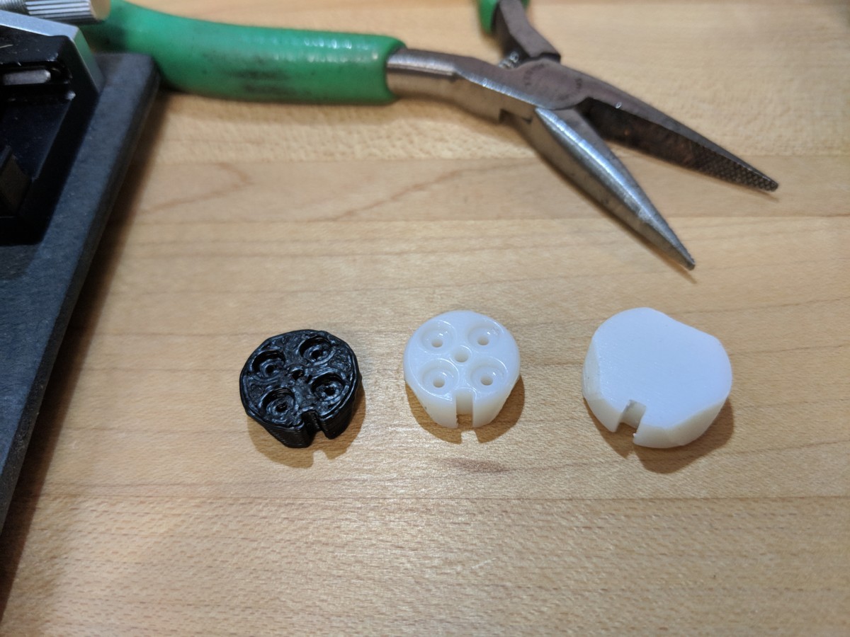 Left to right: ABS print on a LulzBot TAZ 6, resin print on a Formlabs STL, and a 15% enlarged resin print suitable for casting.